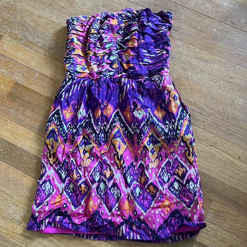 Bright colorful cute strapless ruched party dress with pockets!